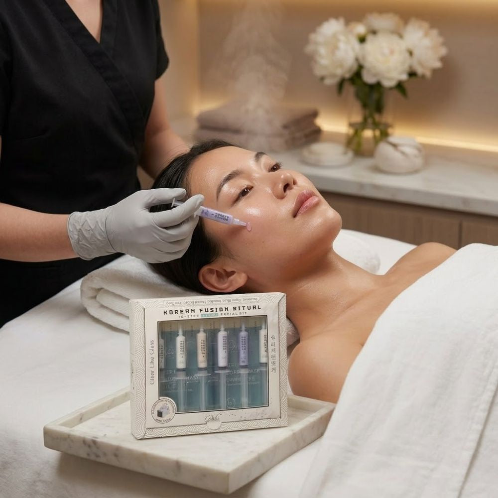 10-step glass skin facial kit box with serum ampoules and applicator