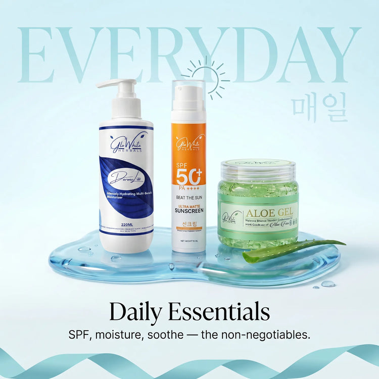 GloWhite Herbals Everyday Essentials - moisturizer, SPF 50 sunscreen, aloe gel