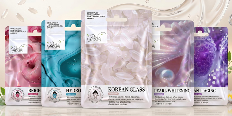GloWhite Herbals single-use facial kit sachets - brightening, hydrating, Korean glass, pearl whitening, anti-aging