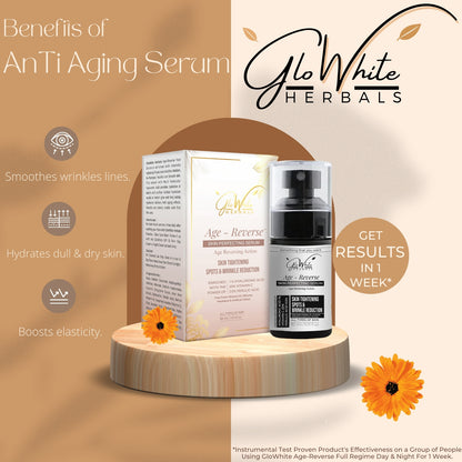 GloWhite Herbals Age-Reverse face serum bottle with box beside it