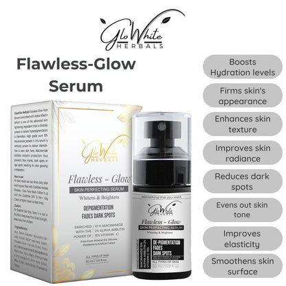 Flawless-Glow serum packaging with benefit labels and niacinamide for dark spots