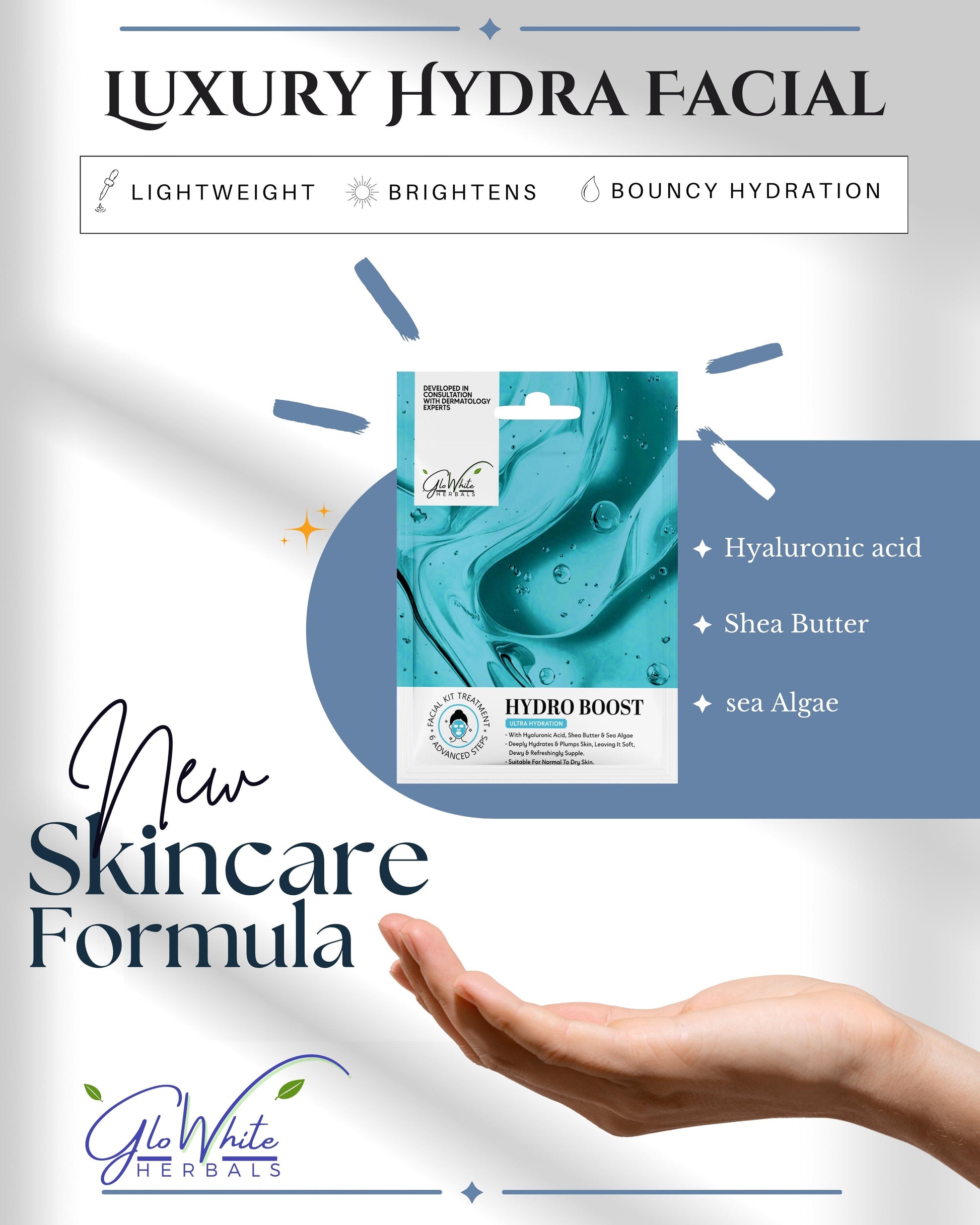 Luxury Hydra Facial kit pouch with hyaluronic acid, shea butter & sea algae