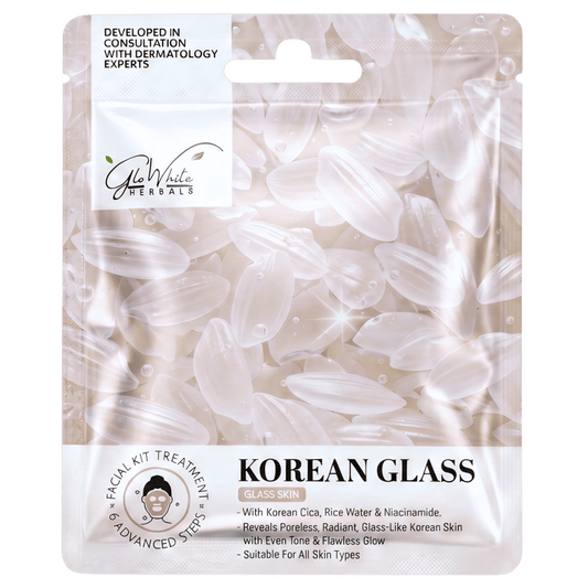 GloWhite Herbals Korean Glass Skin Facial Kit 6-Step Glow Ritual | Korean Cica, Rice Water & Niacinamide | Deeply Exfoliate, Refines Pores & Brightens Skin Tone | Single Use Facial