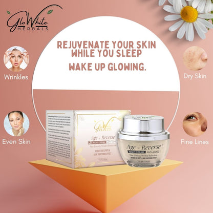 Age-Reverse Night Cream jar and box set with silver lid and anti-aging label