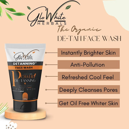 Detan Face Wash tube in dark-and-white design, GloWhite Herbals cleanser
