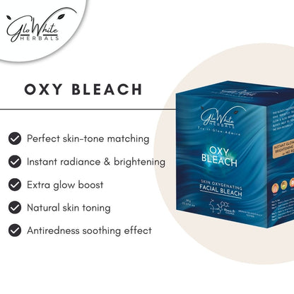 Oxy Bleach facial bleach box with checkmarks: skin-tone matching and instant radiance