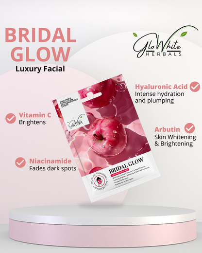 Bridal Glow facial kit with ingredient callouts: Hyaluronic Acid, Arbutin, Vitamin C