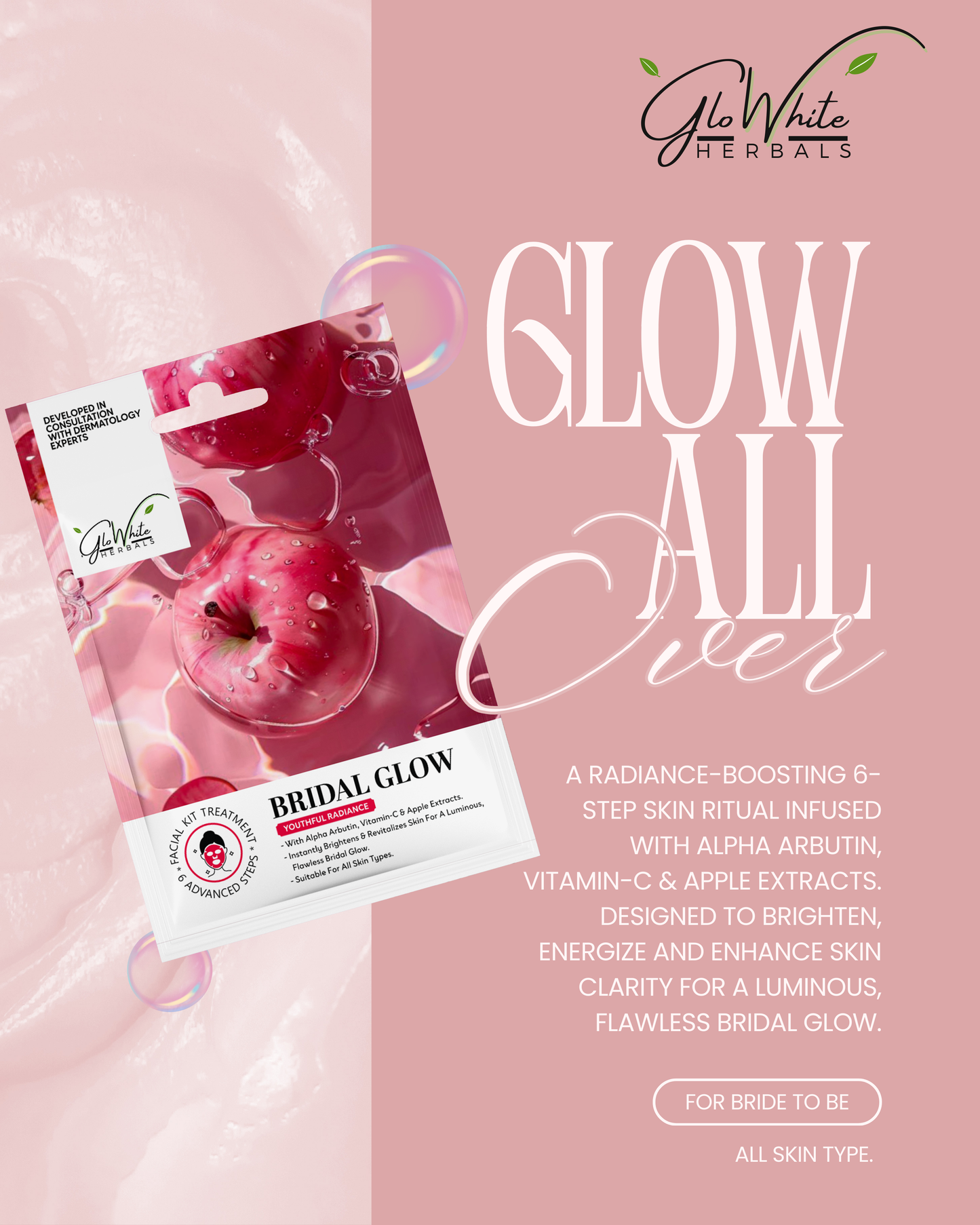 Bridal Glow Facial Kit – 6 Step Professional Salon Facial | With Alpha Arbutin, Vitamin C & Apple Extract | Instant Brightening & Pre-Bridal Glow Facial | Single Use Facial Kit