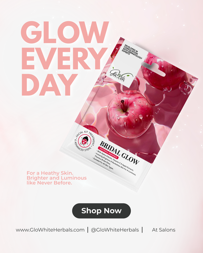 Bridal Glow facial kit sachet, glossy red fruit design, “Glow Every Day” text