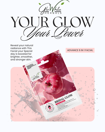 Bridal Glow single-use facial kit pouch, red fruit design and product label
