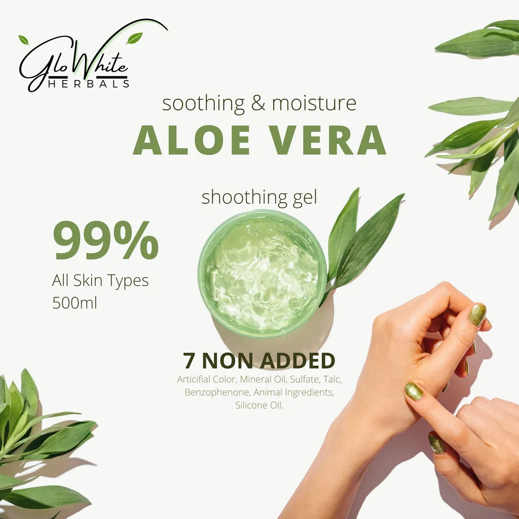 Aloe vera soothing gel, 500 ml jar with aloe gel texture graphic