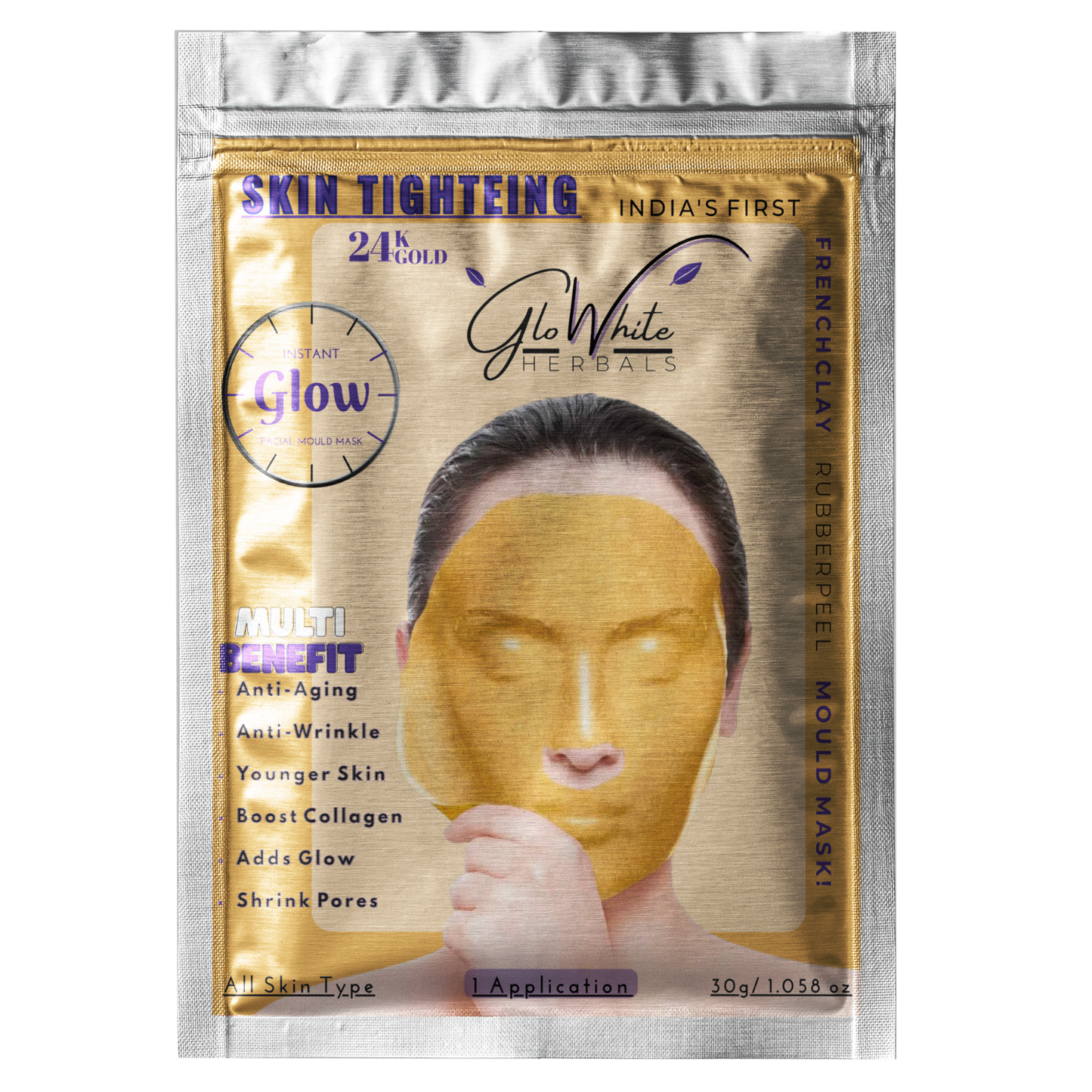 GloWhite Herbals Skin Tightening French Clay Mould Masks With 24k Gold Dust & Multi-Benefits