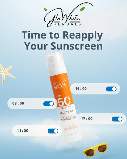 SPF 50+ Sunscreen Flasche mit Reapply-Timing (08:00, 11:00, 14:00, 17:00)
