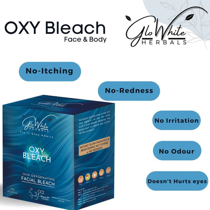 Oxy Bleach face & body bleach box showing: no-itching, no-redness, no irritation claims