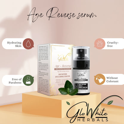 Age-Reverse face serum pump bottle with box and green leaf accents