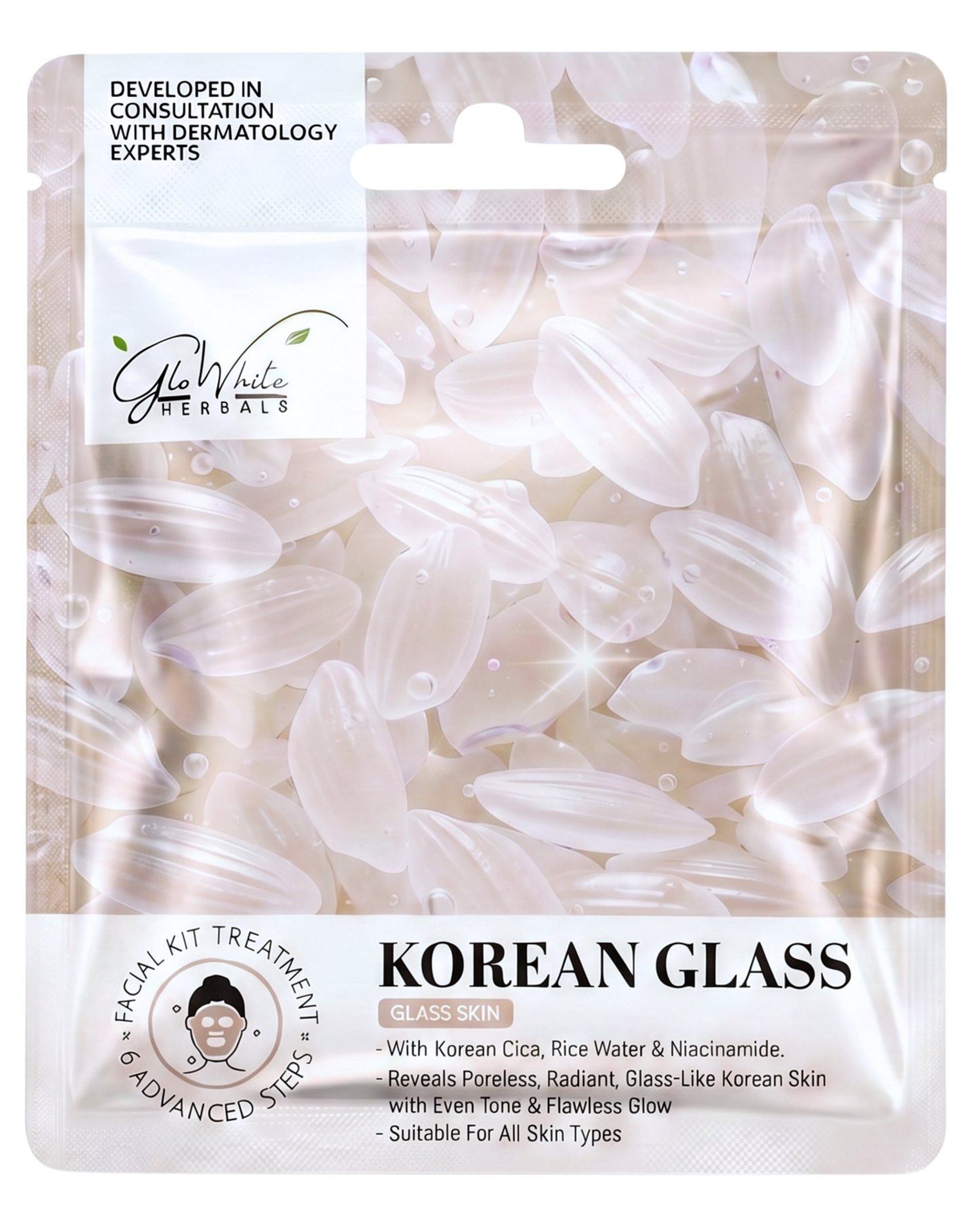 Korean Glass Skin Facial Kit 6-step sachet, rice grain design, with Korean cica, rice water & niacinamide