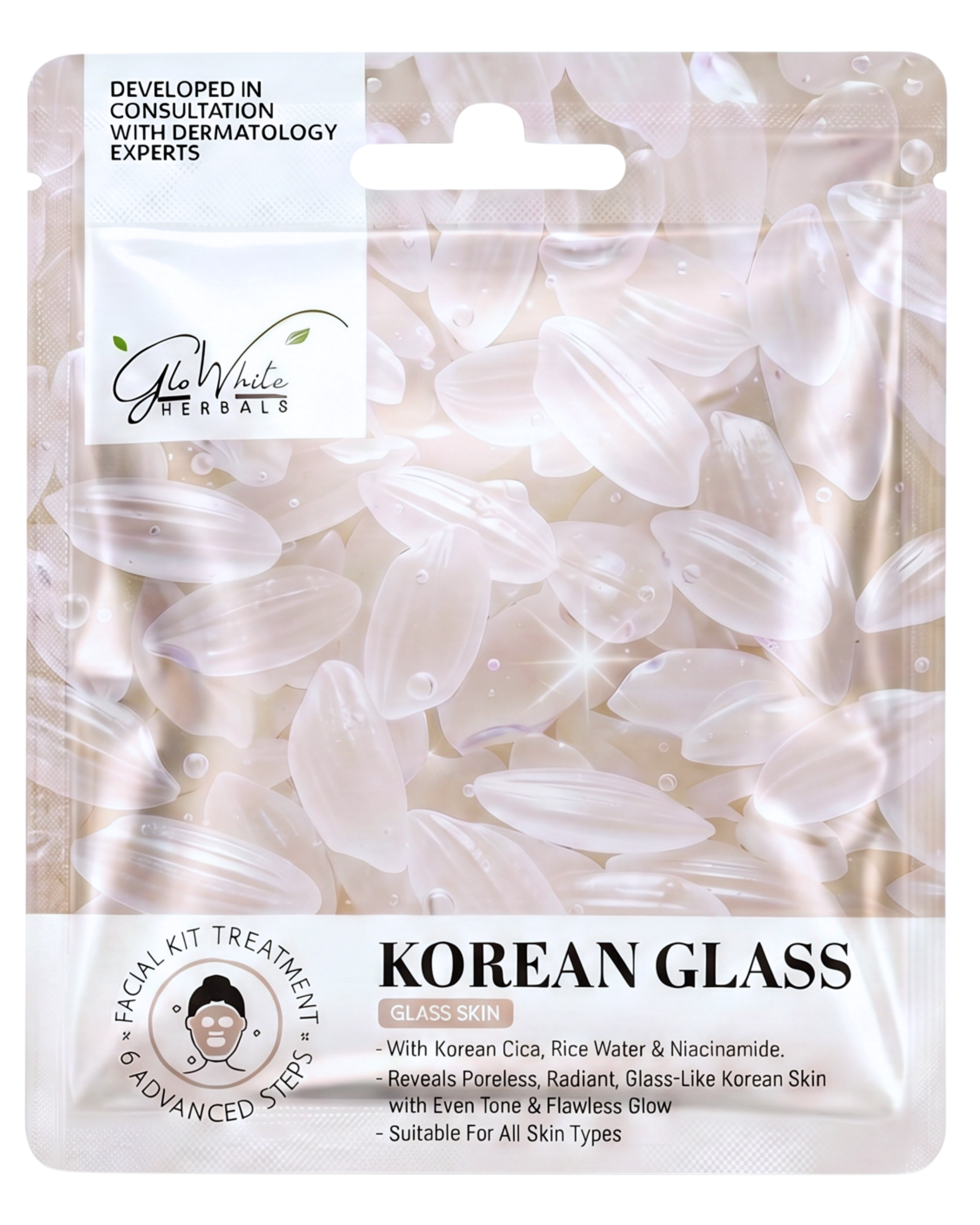 Korean Glass Skin Facial Kit 6-step sachet, rice grain design, with Korean cica, rice water & niacinamide