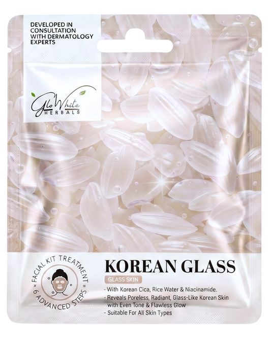 GloWhite Herbals Korean Glass Skin Facial Kit 6-Step Glow Ritual | Korean Cica, Rice Water & Niacinamide | Deeply Exfoliate, Refines Pores & Brightens Skin Tone | Single Use Facial