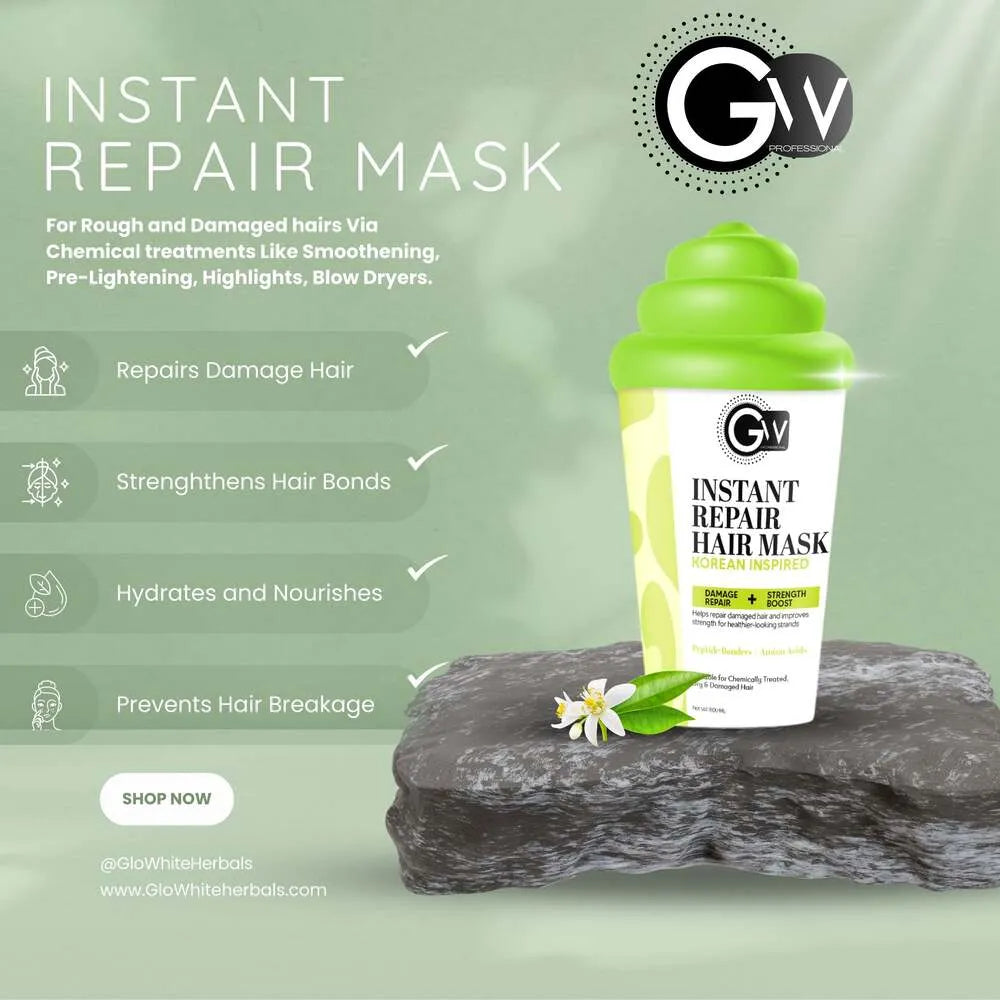 Instant Repair Hair Mask bottle with green flip-top lid on a stone base