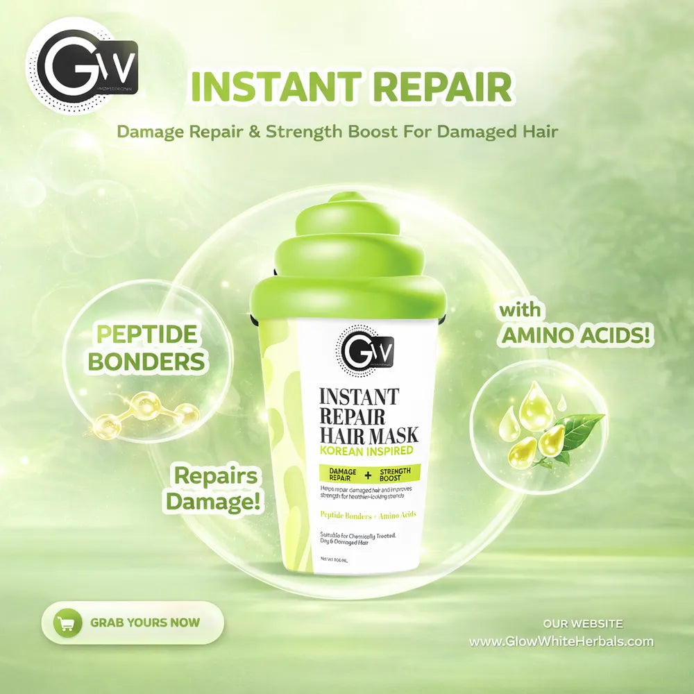 Instant Repair Hair Mask bottle with green cap, peptide bonders and amino acids callouts