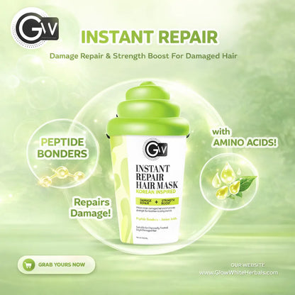 Instant Repair Hair Mask bottle with green cap, peptide bonders and amino acids callouts