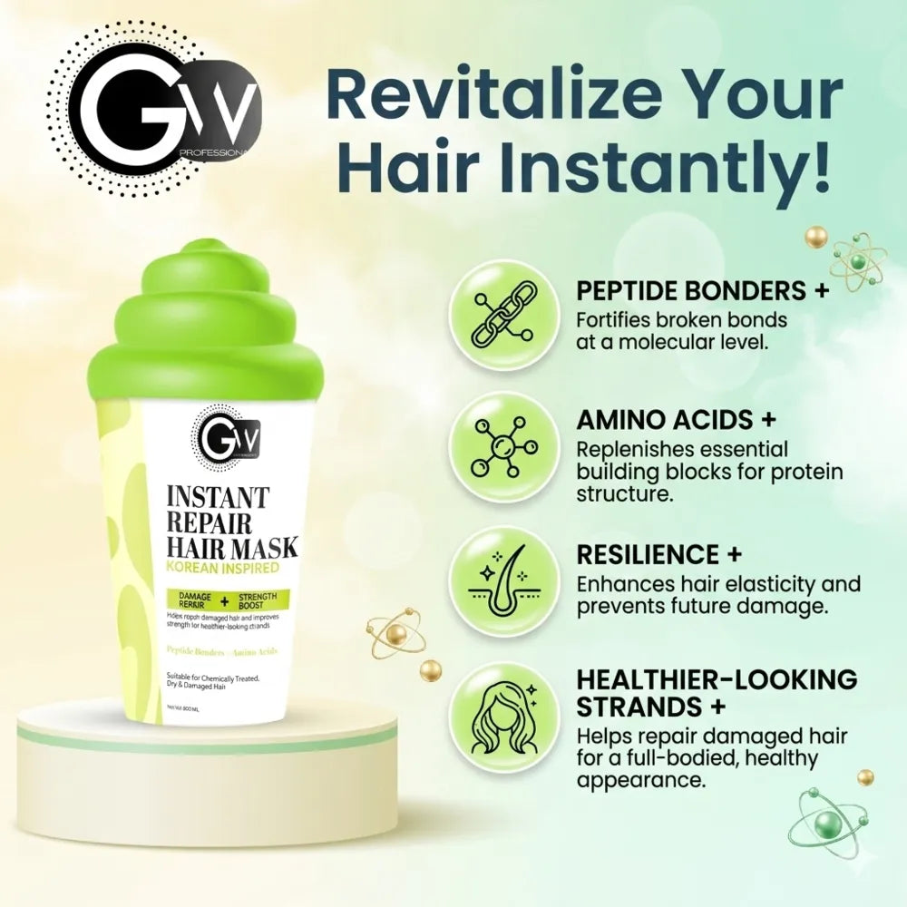 Instant Repair Hair Mask bottle with feature icons for peptides, amino acids, resilience