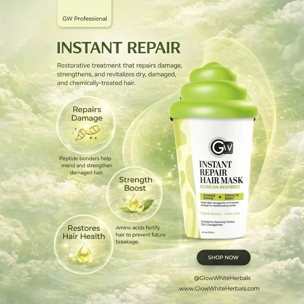 Instant Repair Hair Mask bottle, green cap with label text and ingredient icons
