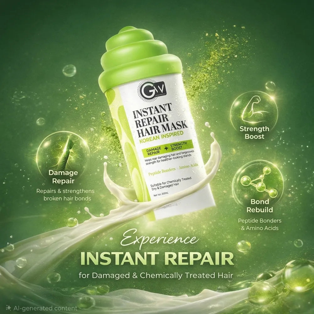 Instant Repair Hair Mask bottle with green lid, shown with foamy splash and bond icon