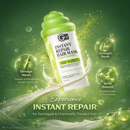 Instant Repair Hair Mask bottle with green lid, shown with foamy splash and bond icon