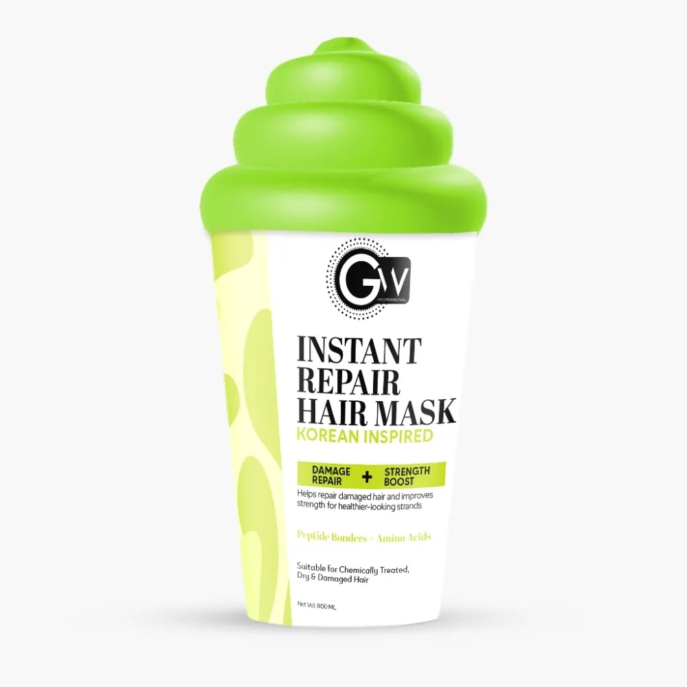 Instant Repair Hair Mask bottle with green flip-top lid, Gv logo and label