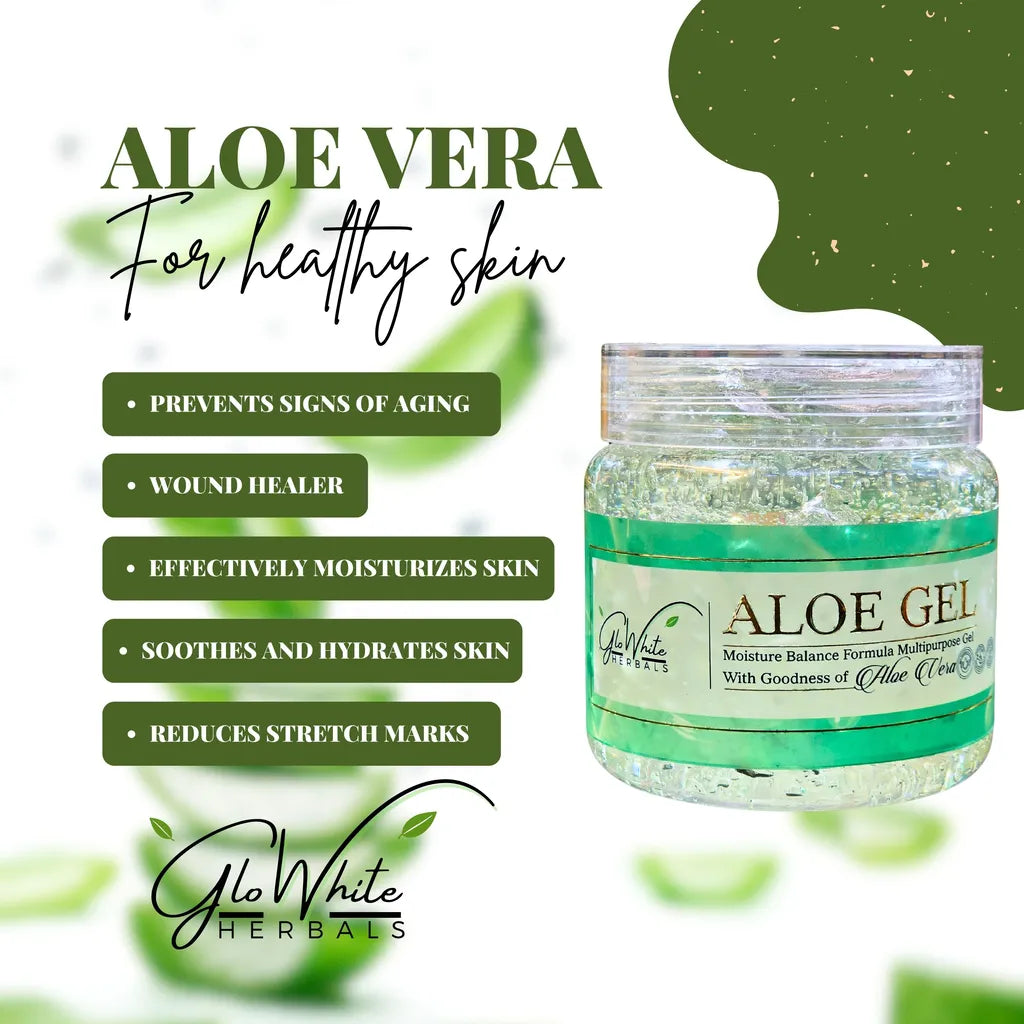 Aloe gel jar with green label and aloe leaf-shaped highlights