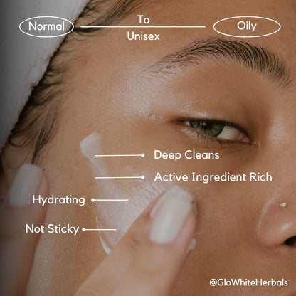 Face wash applied to cheek; deep cleans and active ingredient rich, non-sticky