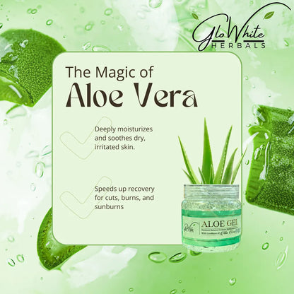 Aloe vera gel jar beside aloe leaves and water droplets