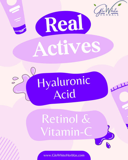 Anti-Aging kit actives: Hyaluronic Acid, Retinol & Vitamin-C text panel