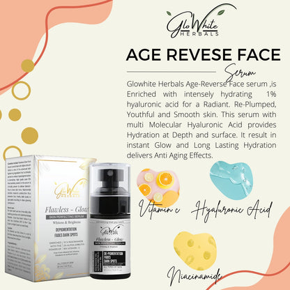 Age-Reverse face serum box and pump bottle with Vitamin C and hyaluronic acid graphics