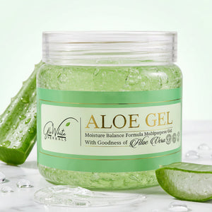 GloWhite Herbals Aloe Gel jar with fresh aloe vera leaf pieces on marble surface