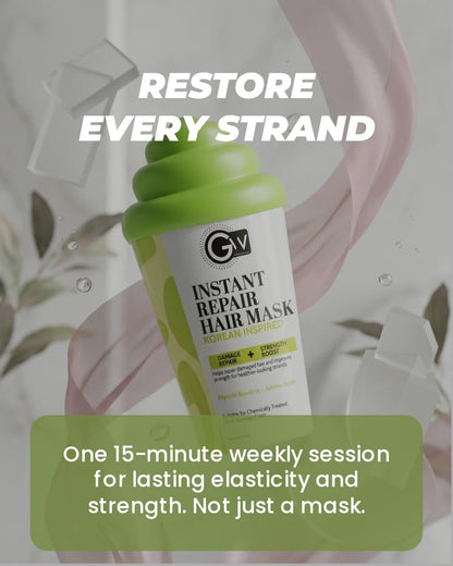 Instant Repair Hair Mask jar with pink ribbon, restore every strand 15-minute weekly session headline