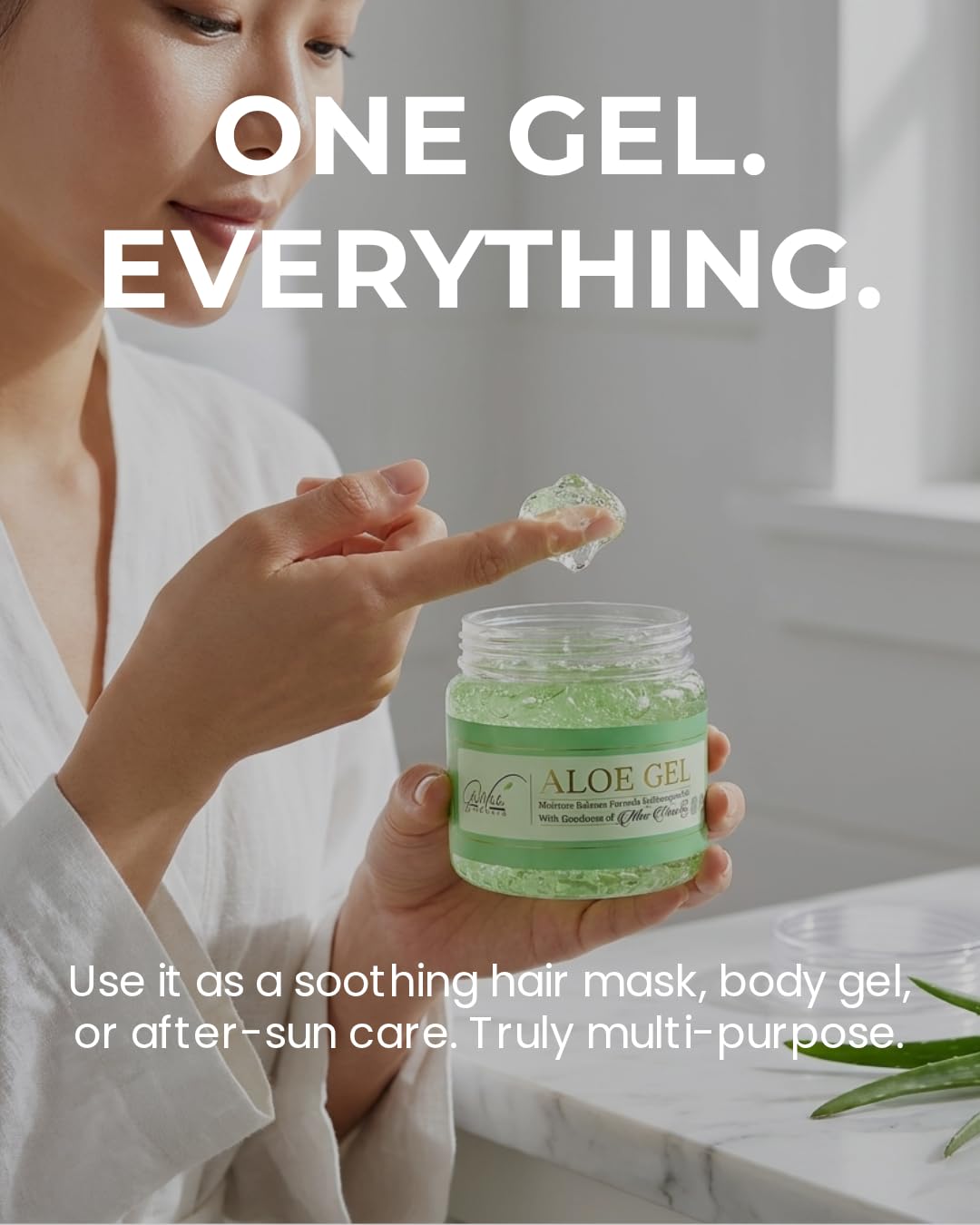 Woman applying GloWhite Herbals Aloe Gel from jar, one gel everything headline for hair, body and after-sun care