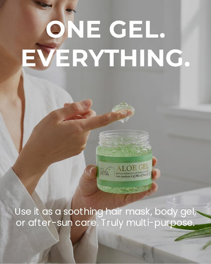 Woman applying GloWhite Herbals Aloe Gel from jar, one gel everything headline for hair, body and after-sun care