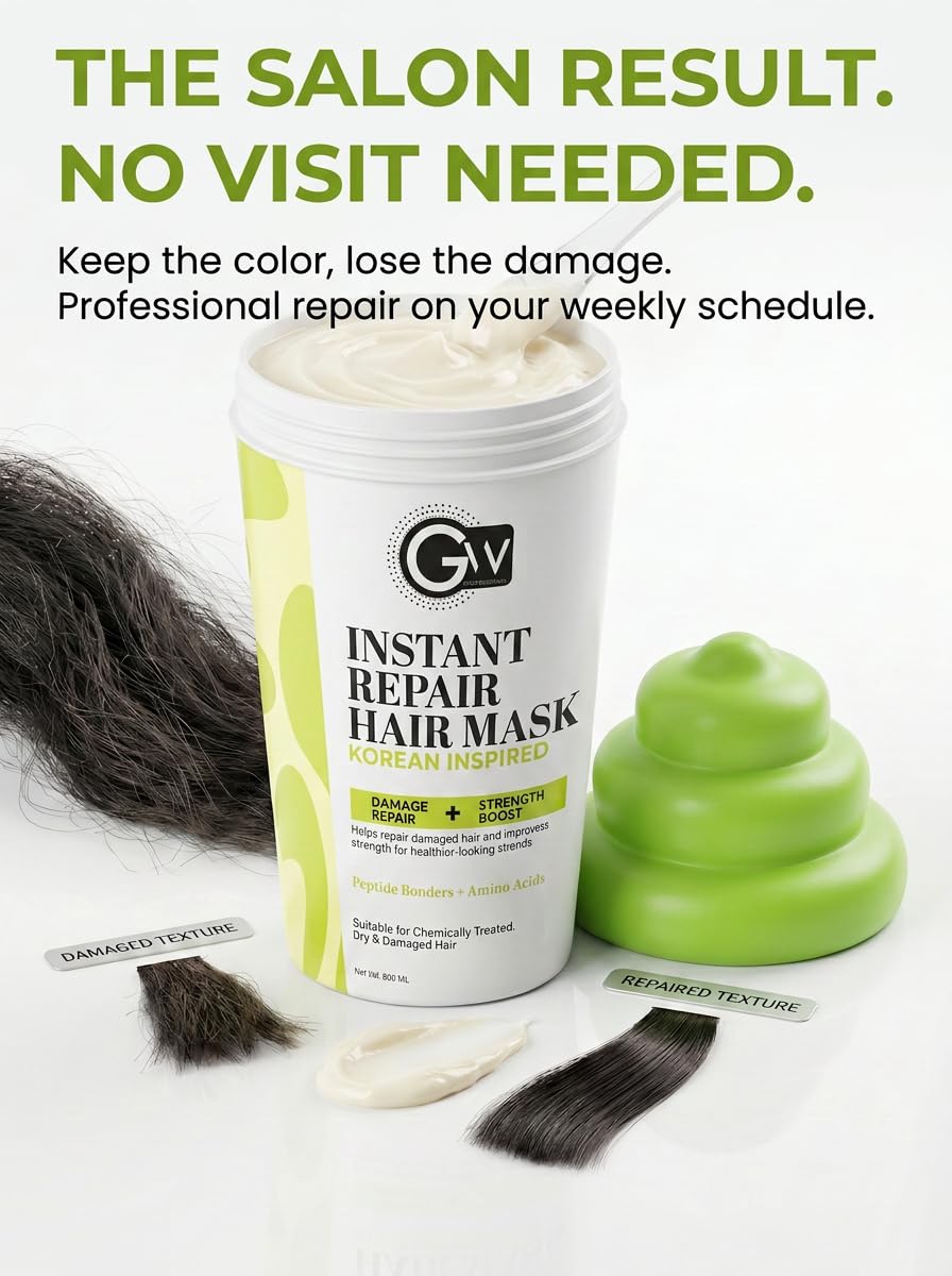 Instant Repair Hair Mask jar with damaged vs repaired hair strand comparison, salon result headline