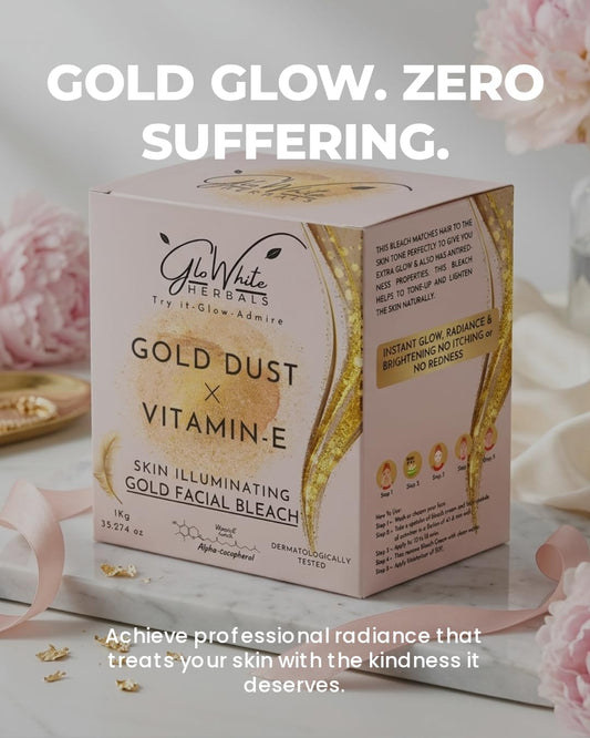 Gold Facial Bleach box on marble with pink peonies, gold glow zero suffering headline