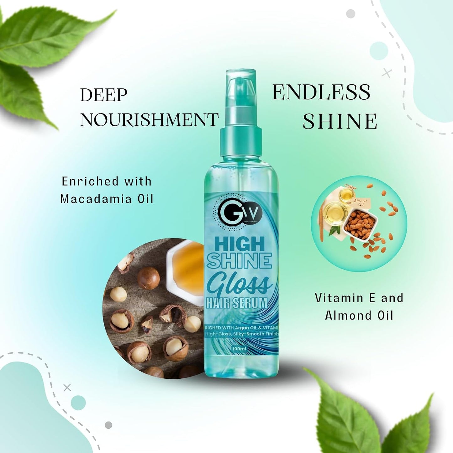 GW Professional High Shine Gloss Hair Serum For Ultimate Shine, Frizz Control and Softness Enriched With Argan oil, Almonds & Vitamin E, 100ML