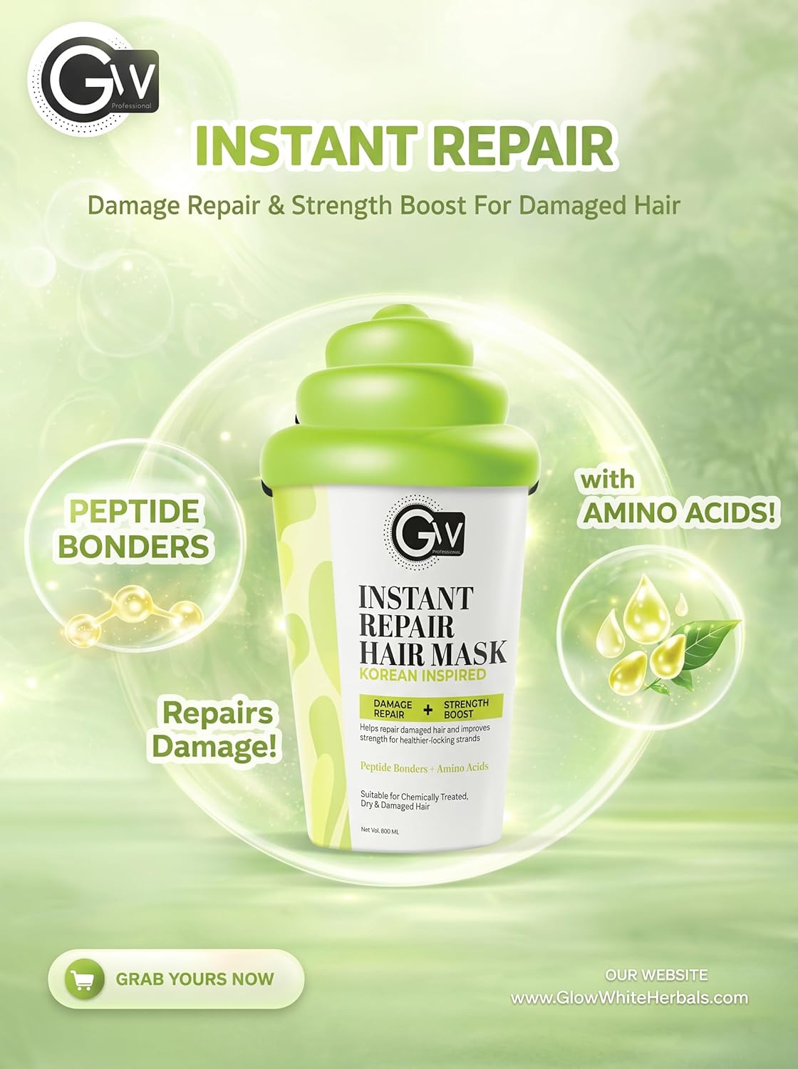 Instant Repair Hair Mask jar with peptide bonders and amino acids ingredient callouts, damage repair headline