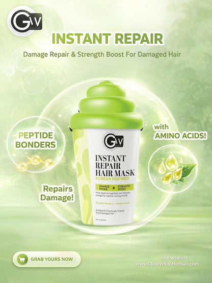 Instant Repair Hair Mask jar with peptide bonders and amino acids ingredient callouts, damage repair headline