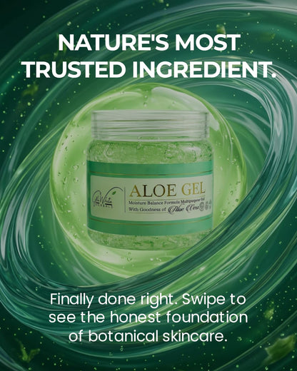 GloWhite Herbals Aloe Gel jar in green swirl backdrop, nature's most trusted ingredient headline