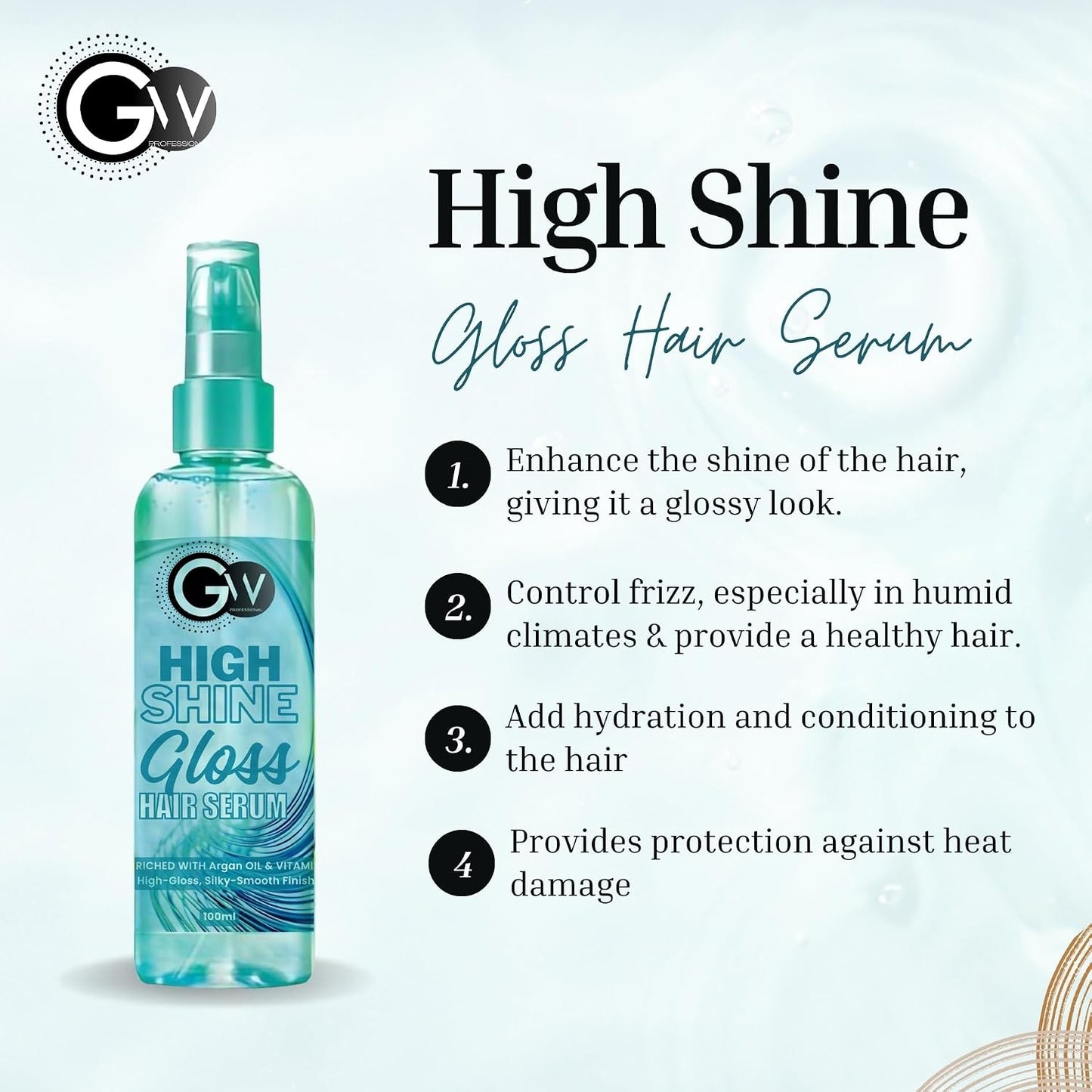 GW Professional High Shine Gloss Hair Serum For Ultimate Shine, Frizz Control and Softness Enriched With Argan oil, Almonds & Vitamin E, 100ML