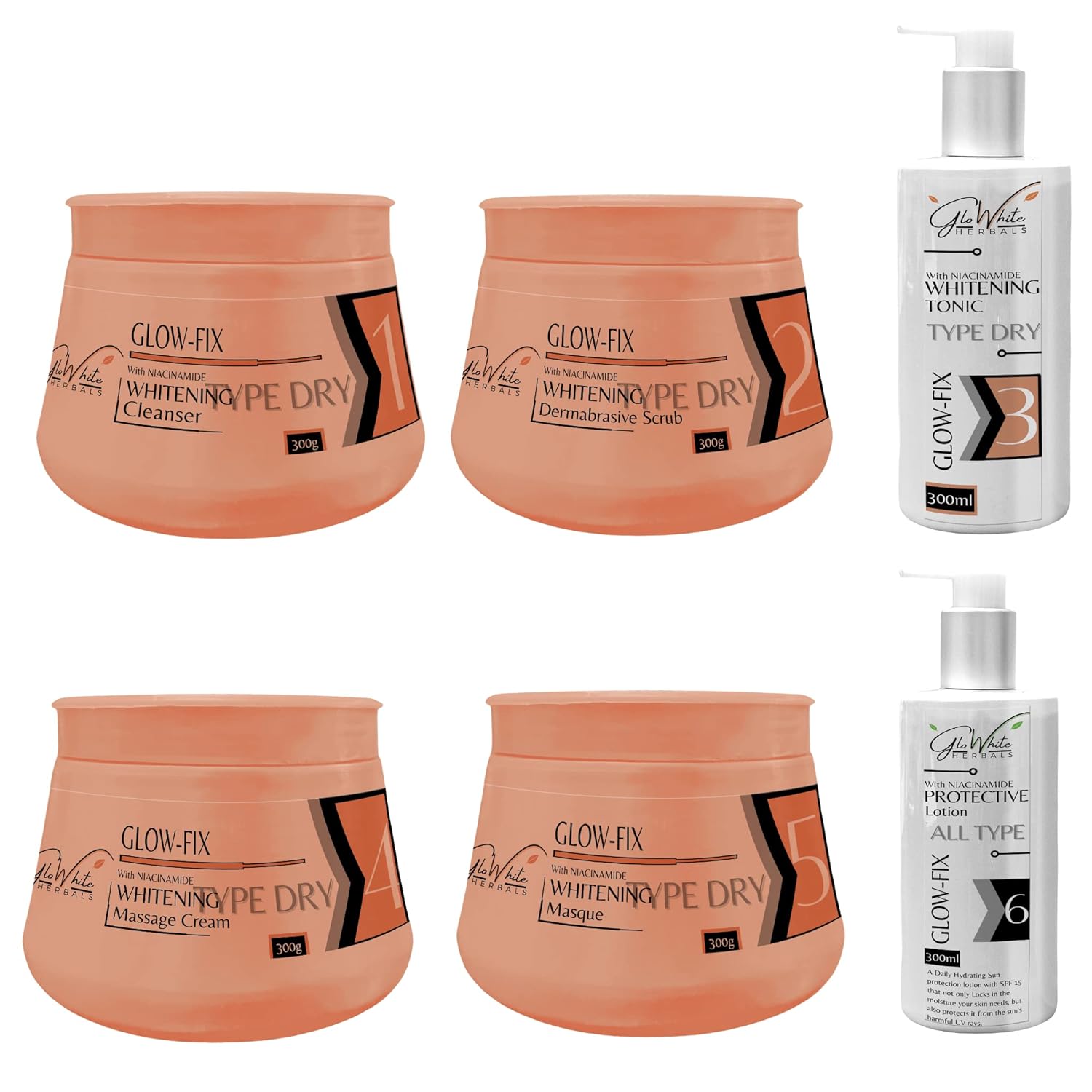 6-Step Hydra Facial Kit für trockene Haut: 4 Tuben + 2 Pumpflaschen