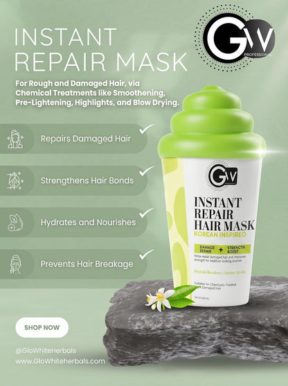 Instant Repair Hair Mask jar on dark stone with flower, benefits checklist: repairs damage, strengthens bonds, hydrates