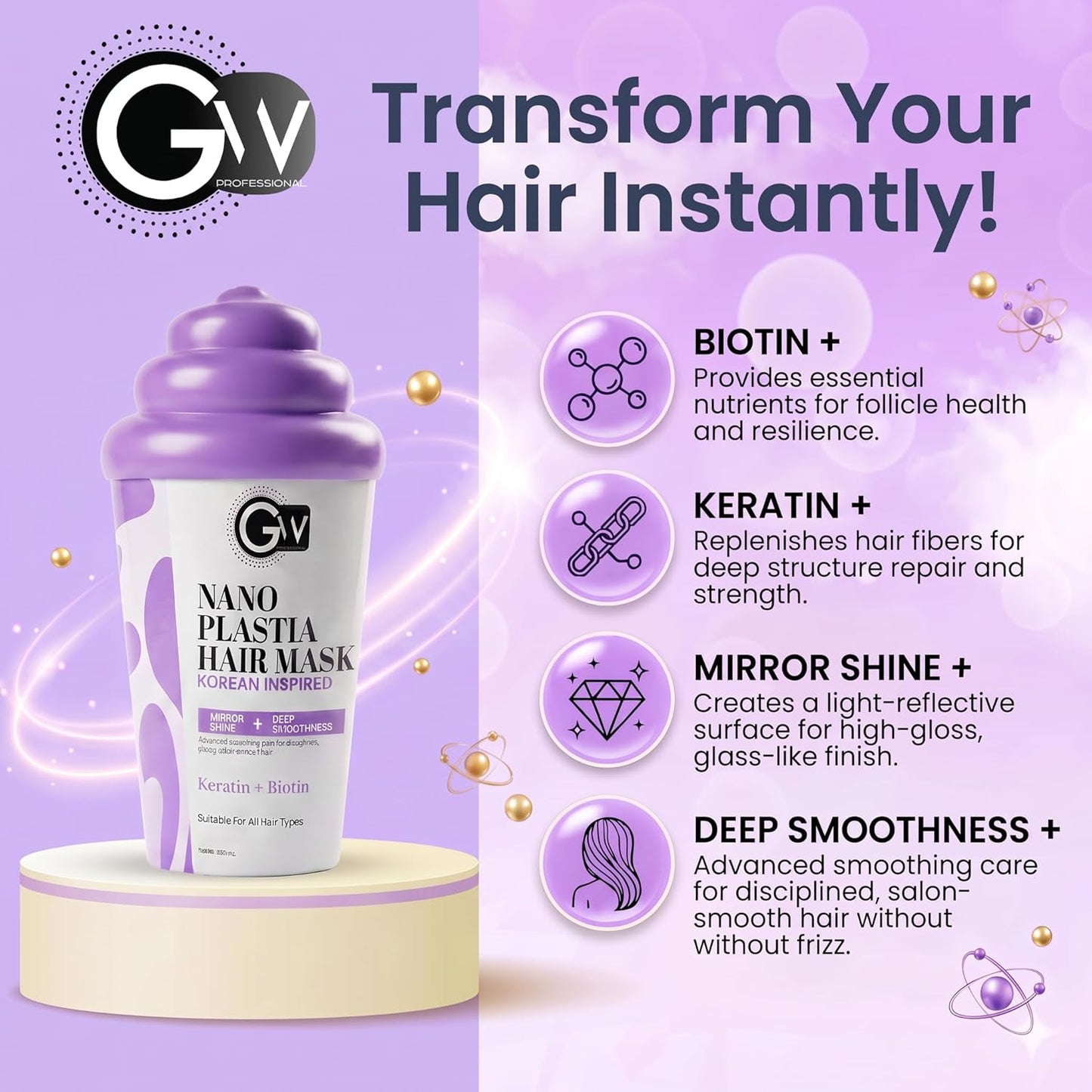 NanoPlastia Hair Mask jar with biotin, keratin, mirror shine and deep smoothness ingredient callouts