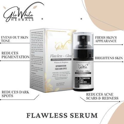 Flawless Glow serum with box and bottle, reduces dark spots and brightens skin